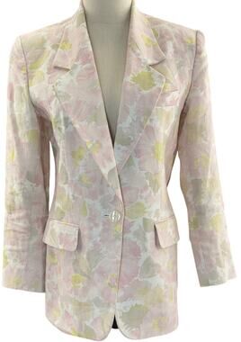 Vintage 90s Liz Claiborne Womens 4P Pink Floral Linen Blazer Shoulder Pads